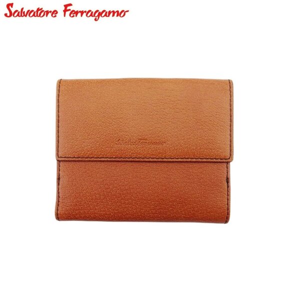 Salvatore Ferragamo W Hook Wallet Camel Leather Authentic Used